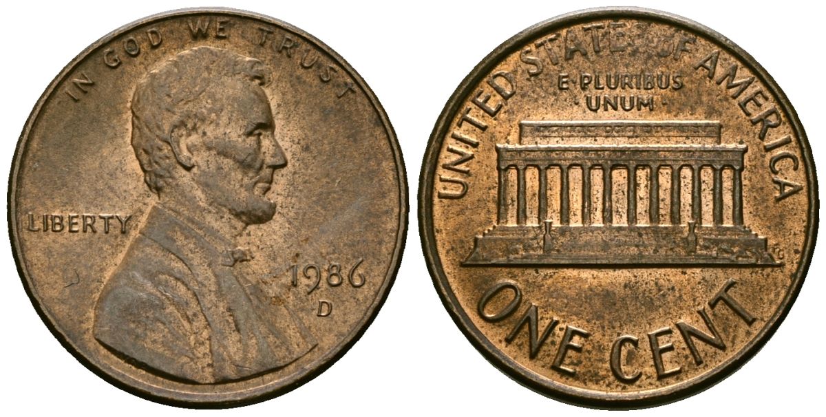 США 1 цент 1986 D, Линкольн KM 201b цинк плакированный медью 4136-266