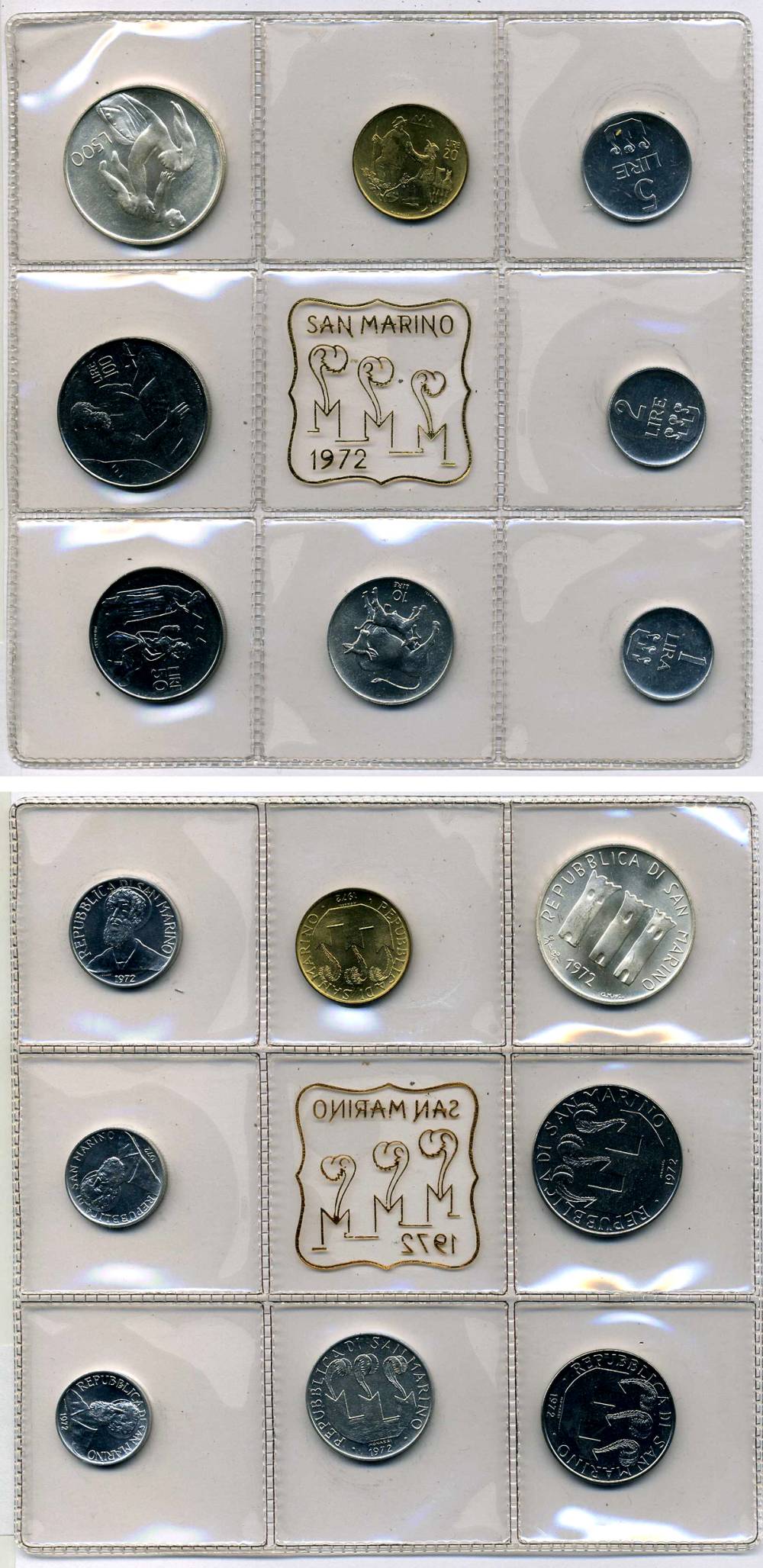 Сан-Марино годовой набор из 8 монет 1972 1, 2, 5, 10, 20, 50, 100 и 500 лир мать поднимает ребенка в воздух KM 14-21, в оригинальной пластиковой запайке серебро KM MS1 серебро UNC 3-4-5-3