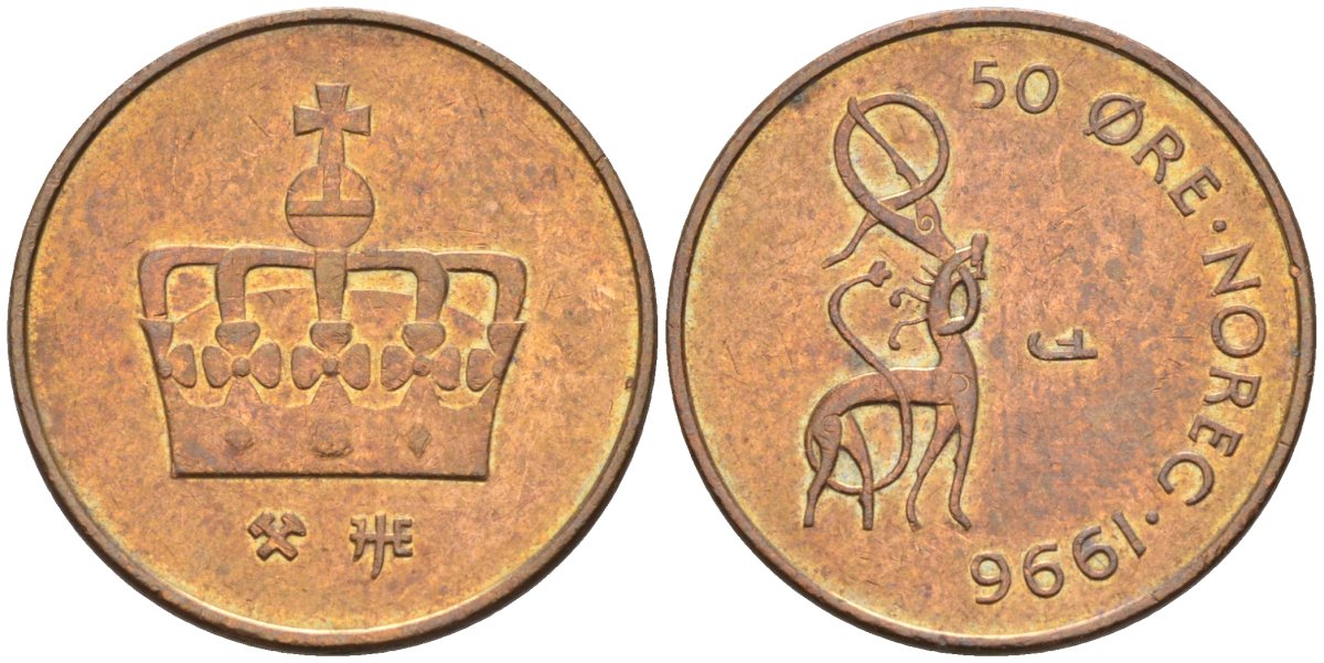Норвегия 50 эре 1996 Харальд V (1991- ) KM 460 бронза 4582-547