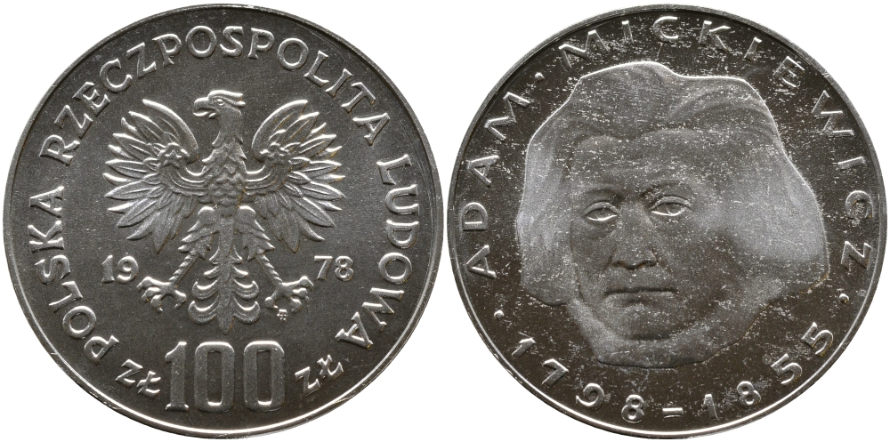 Польша 100 злотых 1978 MW, Адам Мицкевич (1798-1855) KM 92 серебро PROOF 441-542