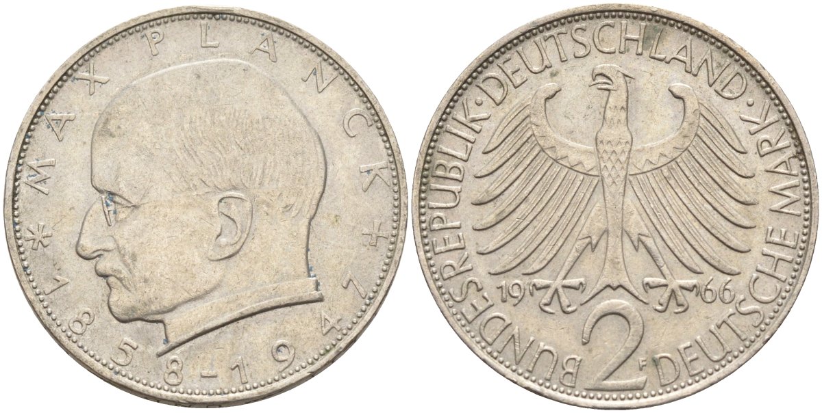 ФРГ 2 марки 1966 F , Макс Планк KM 116, J. 392 медно-никель плакированный никелем 4139-145