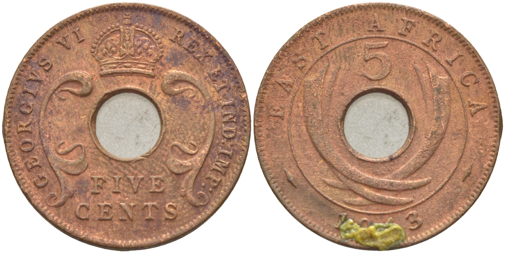 Британская Восточная Африка 5 центов 1943 Георг VI (1936-1952) KM 25.2 бронза 210-1135