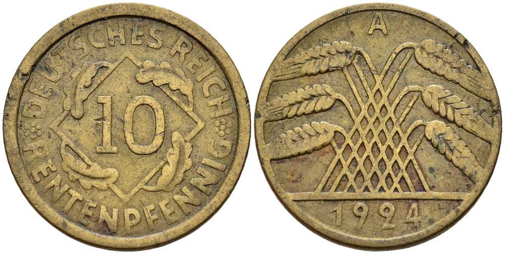 ГЕРМАНИЯ 10 РЕНТЕНПФЕННИГОВ 1924 А KM 33, J. 309 алюминиевая бронза 4401-351