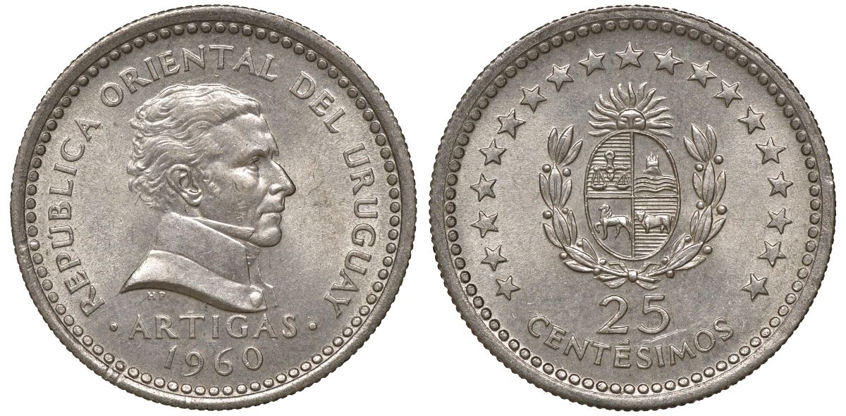 Уругвай 25 сентесимо 1960 KM 40 медно-никель 4169-942