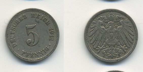 Германия 5 пфеннигов 1911 A KM 11, J. 12, Weege 6 медно-никель 23-1424