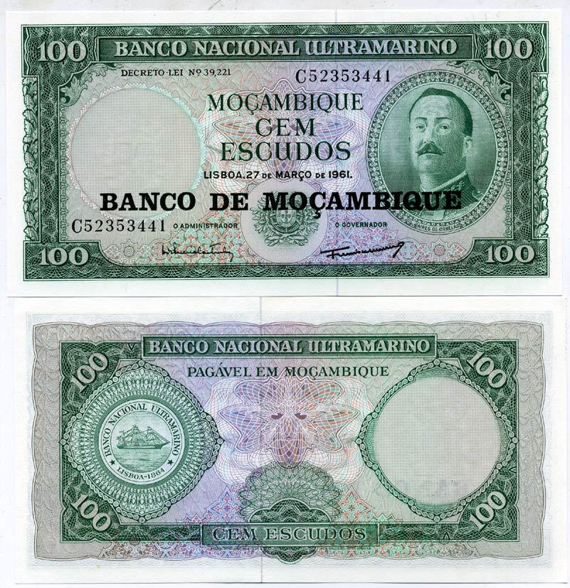Мозамбик 100 эскудо 1961 (1976) надпечатка на 1961, Айрес де Орнелас  Pick 117 a бумага UNC (пресс) 7202-15-3