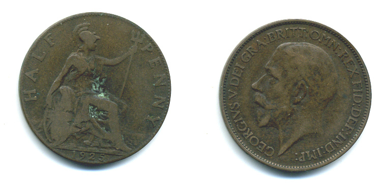 Великобритания 1/2 пенни 1925 Георг V (1910-1936) KM 809, Spink 4056 бронза 4383-946