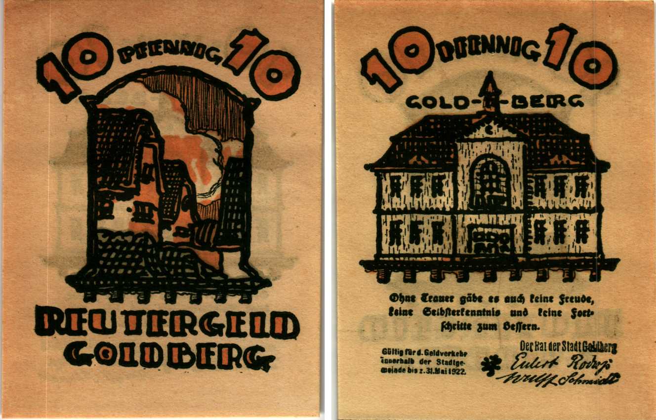 ГОЛЬДБЕРГ 10 ПФЕННИГОВ 1922 НОТГЕЛЬД, ИЮНЬ 1922 - 31 МАЯ 1922, ЗЕМЛЯ МЕКЛЕНБУРГ ПЕРЕДНЯЯ ПОМЕРАНИЯ Grabowski 452.1 бумага 7547-93-2-3