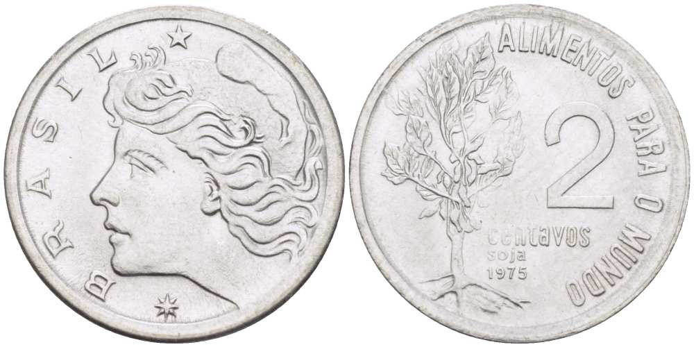 БРАЗИЛИЯ 2 СЕНТАВО 1975 FAO, РЕФОРМА (1967-1985), ДЕРЕВО СОИ KM 586 нержавеющая сталь 4516-514