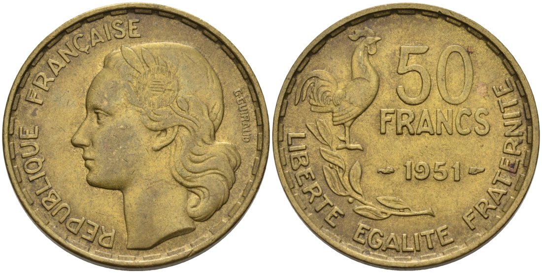 Франция 50 франков 1951 петух KM 918.1, Le Franc 425.5 алюминиевая бронза 79-441