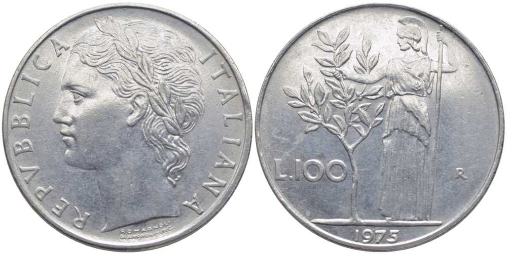 ИТАЛИЯ 100 ЛИР 1975 R, АФИНА KM 96.1 нержавеющая сталь 111-825
