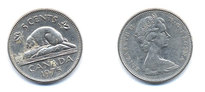 Канада 5 центов 1975 Елизавета II (1952-2022), бобр KM 60.1 никель 4379-512