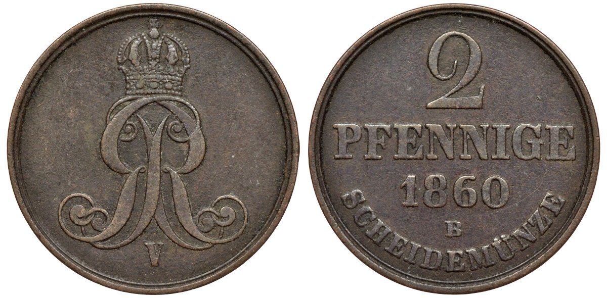 Брауншвейг-Каленберг-Ганновер 2 пфеннига 1860 B, Георг V (1851-1866) KM 234,aKS 153, J. 91 медь 4142-411