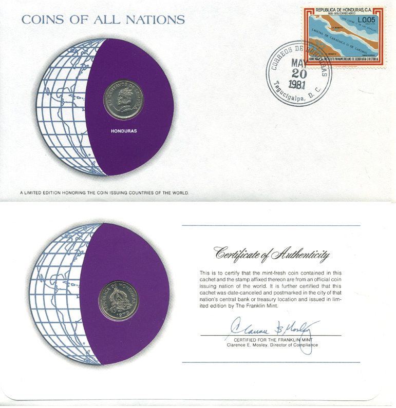 Гондурас 20 сентаво 1973 конверт с маркой первого дня гашения, Coins of Nations KM 81 медно-никель UNC 4294-62-1