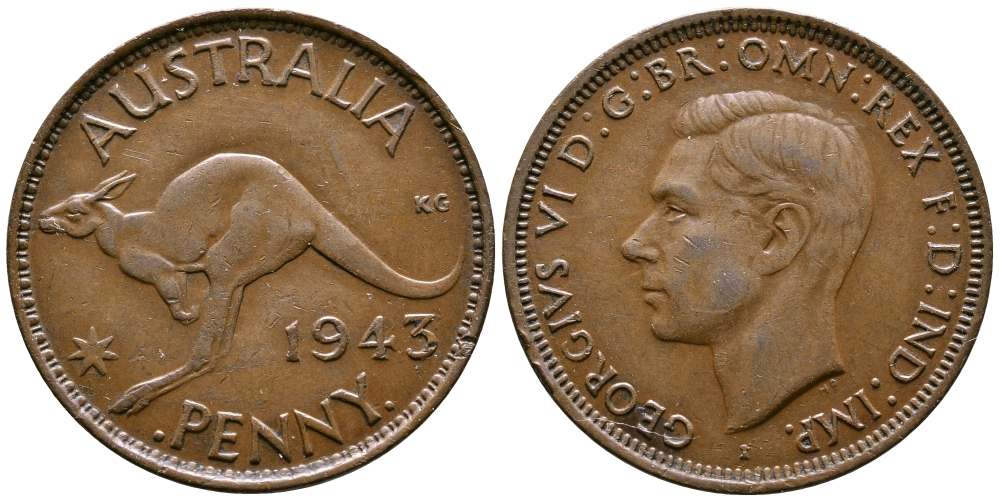 Австралия 1 пенни 1943 b, Георг VI (1936-1952), кенгуру, с буквой I KM 36 бронза 4557-1144