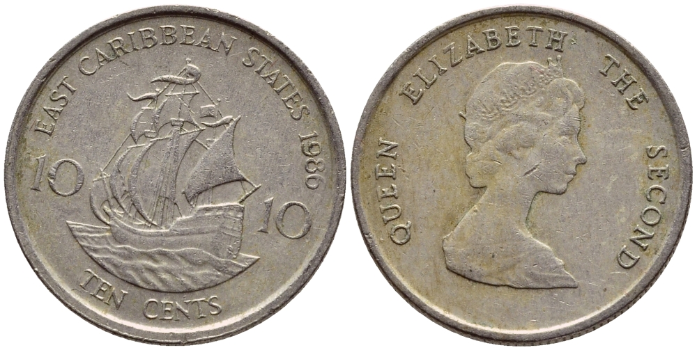Восточно-Карибские штаты 10 центов 1986 Елизавета II (1952-2022), парусник KM 13 медно-никель 4392-1147