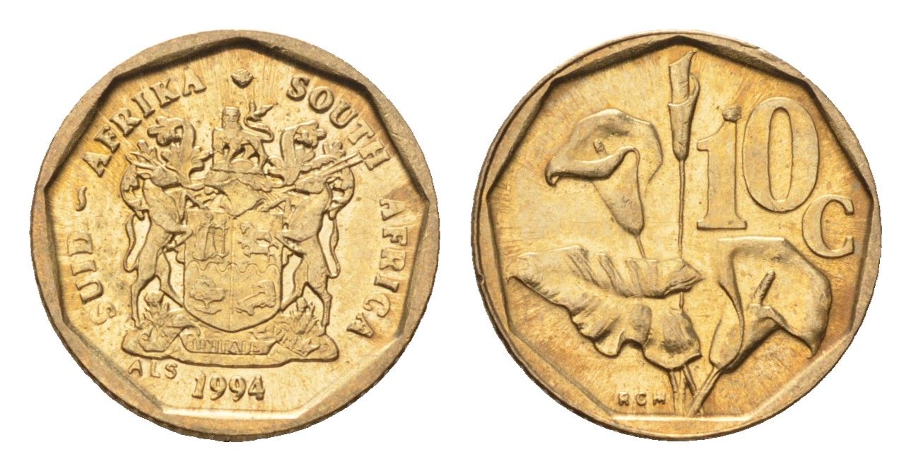 ЮАР 10 центов 1994 герб, цветок алоэ KM 135 сталь плакированная бронзой UNC 4694-667