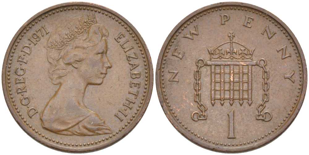 Великобритания 1 пенни 1971 Елизавета II (1952-2022) KM 915, Spink 4237 (B1) бронза 4390-1045