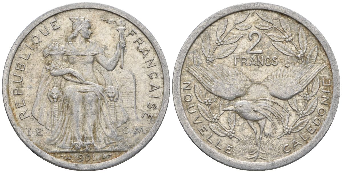 Французская Новая Каледония 2 франка 1991 птица кагу, (IEOM) KM 14, Schoen 11, Lec 67 алюминий    27-1223