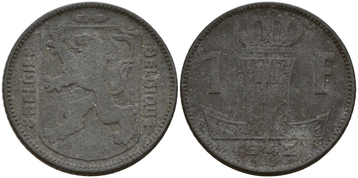 Бельгия 1 франк 1942 Belgique - Belgie, Леопольд III (1934-1947), германская оккупация, Вторая мировая война KM 127 цинк 4161-431
