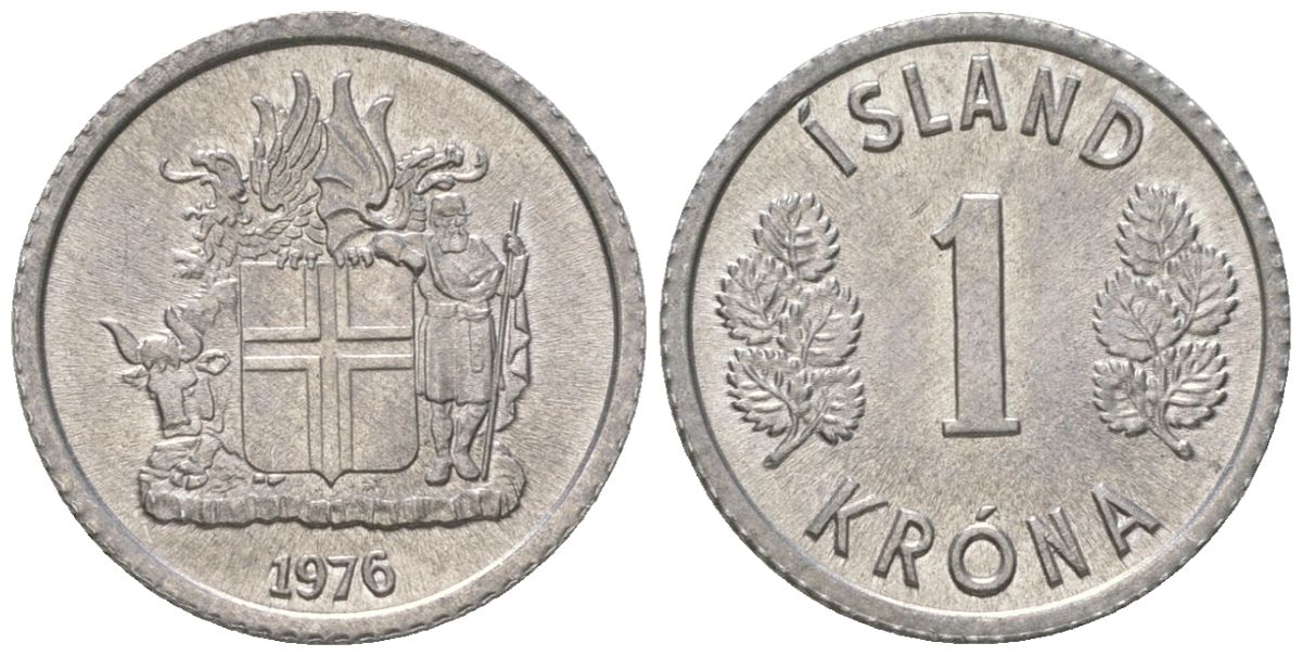 Исландия 1 крона 1976 KM 23 алюминий UNC 4615-1037