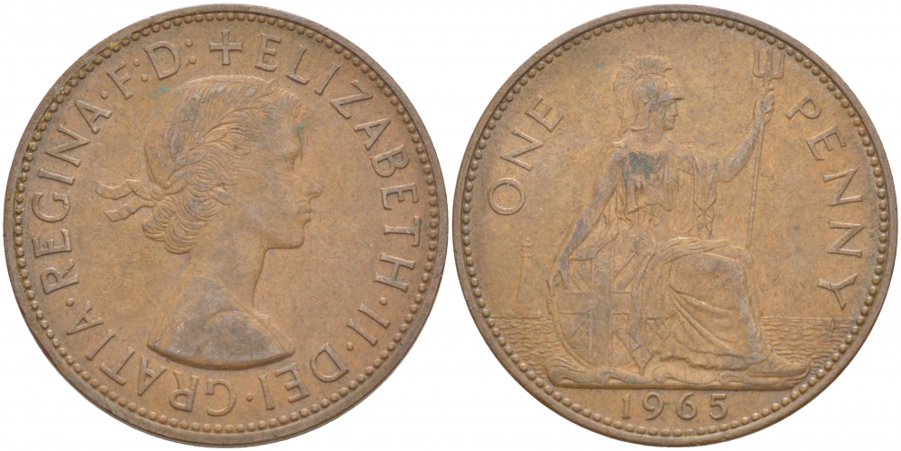 Великобритания 1 пенни 1965 Елизавета II (1952-2022) КМ 897, Spink 4157 бронза 215-342