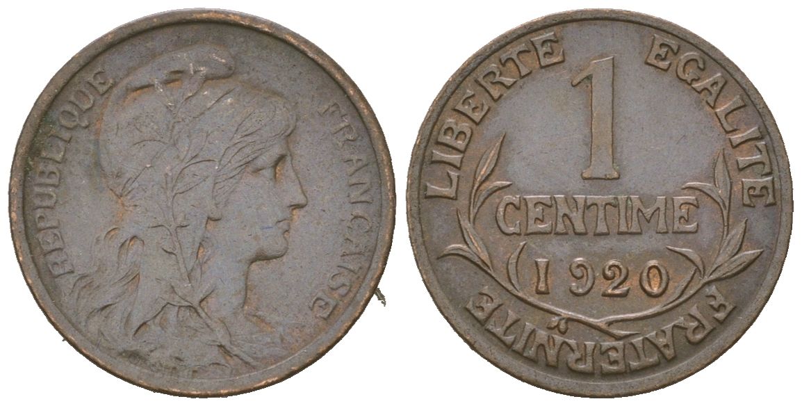 Франция 1 сантим 1920 KM 840 бронза 4615-639