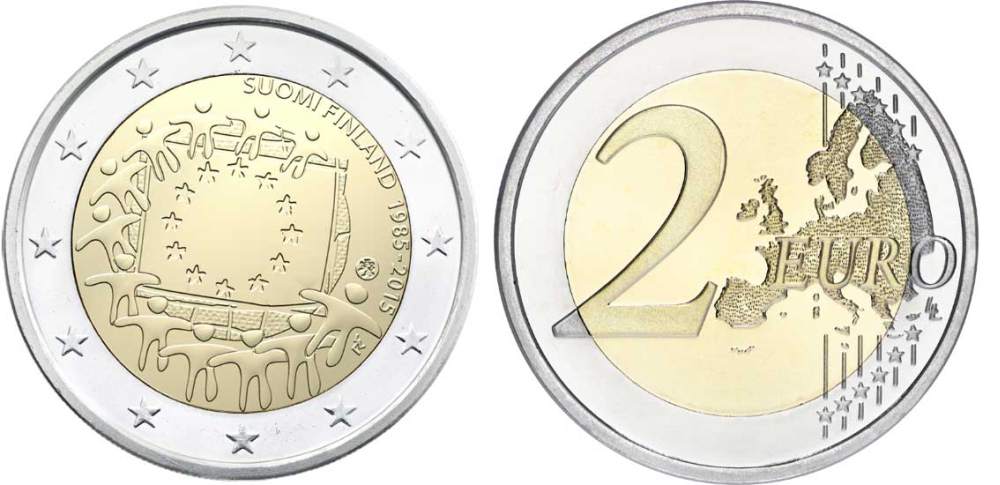 Финляндия 2 евро 2015 30 лет флагу Евросоюза KM 100 биметалл UNC M46-05