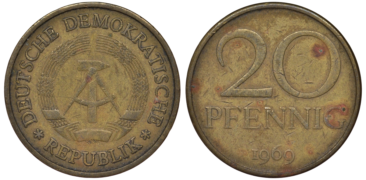 ГДР 20 пфеннигов 1969 А, первый год KM 11 латунь 62-1214