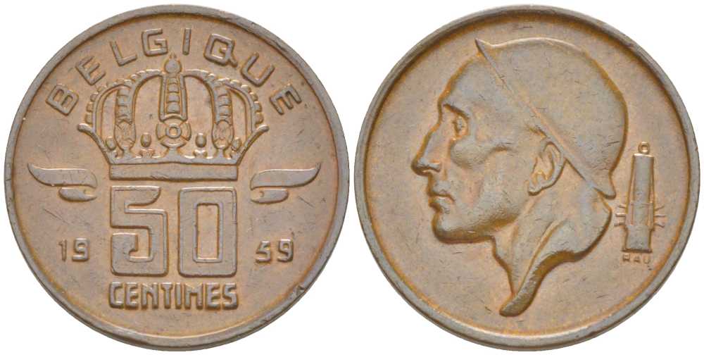 БЕЛЬГИЯ 50 САНТИМОВ 1959 BELGIQUE, БОДУЭН I (1951-1993) KM 148.1 бронза 214-448