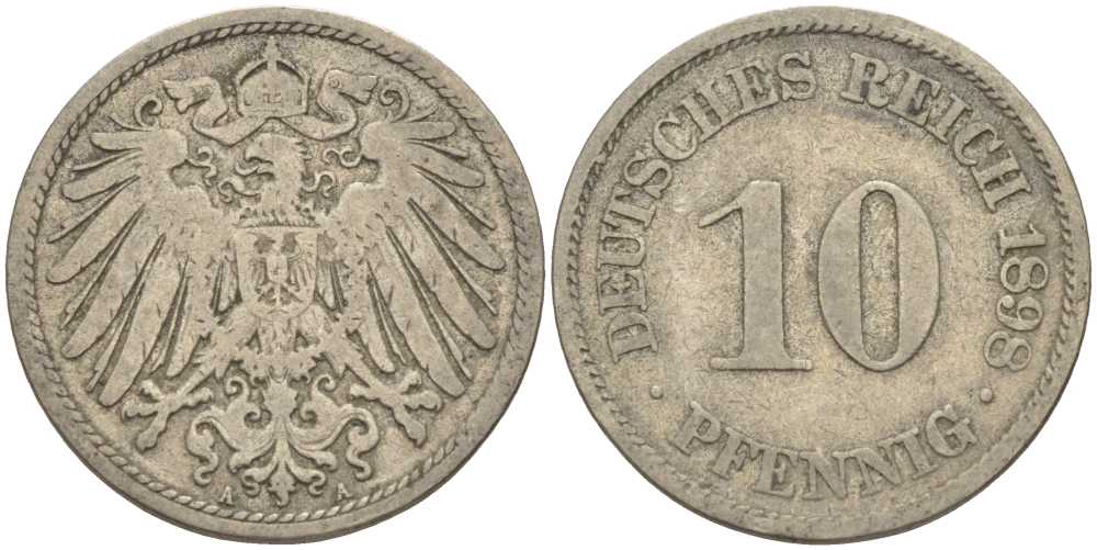 ГЕРМАНИЯ 10 ПФЕННИГОВ 1898 A KM 12, J. 13 медно-никель 4401-1035