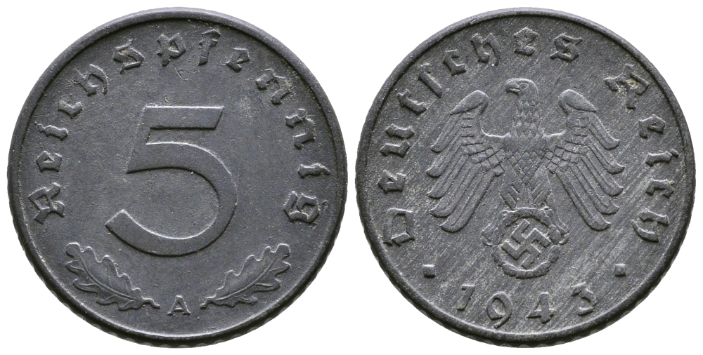 ГЕРМАНИЯ 5 РЕЙХСПФЕННИГОВ 1943 A, KM 100, J. 370 цинк 80-828