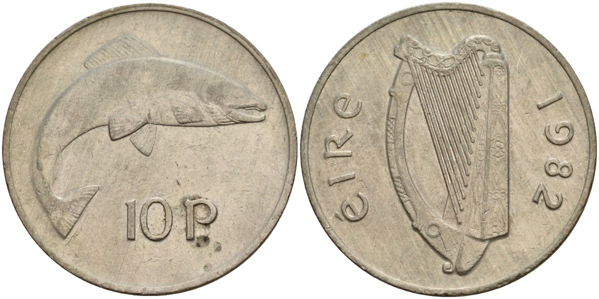Ирландия 10 пенсов 1982 лосось KM 23 медно-никель 4140-333