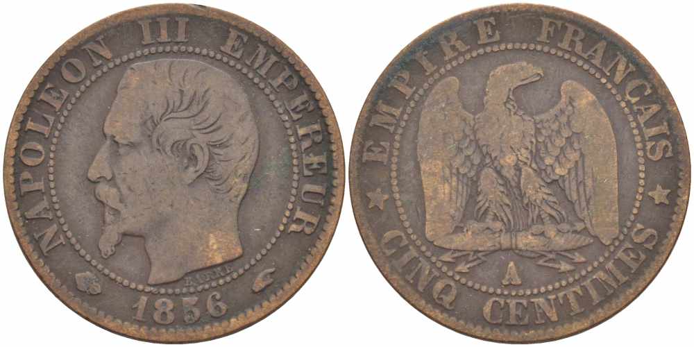 ФРАНЦИЯ 5 САНТИМОВ 1856 A, НАПОЛЕОН III (1852-1870) KM 777.1, LE FRANC 116.30 бронза 108-436