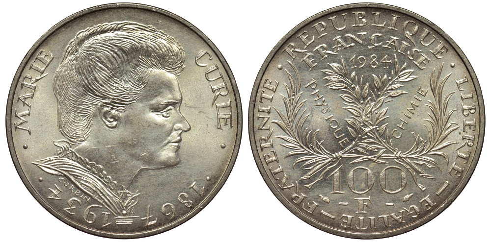 Франция 100 франков 1984 50 лет со дня смерти Марии Кюри KM 955 серебро 413-3315