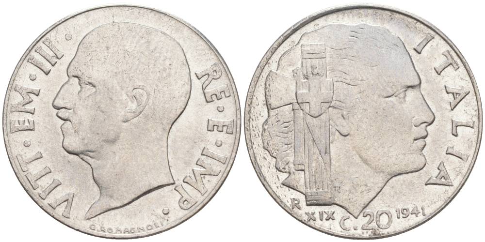 ИТАЛИЯ 20 ЧЕНТЕЗИМО 1941 R, ГОД XIX, ВИКТОР ЭММАНУИЛ III (1900-1946) KM 75b, VEM3. 1028 нержавеющая сталь 3853-742