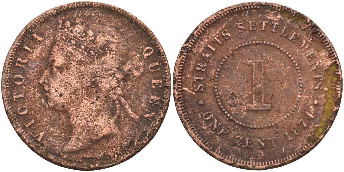 Стрейтс-Сетлментс 1 цент 1874 Виктория (1837-1901), Ост-Индская компания KM 9 медь 4590-335