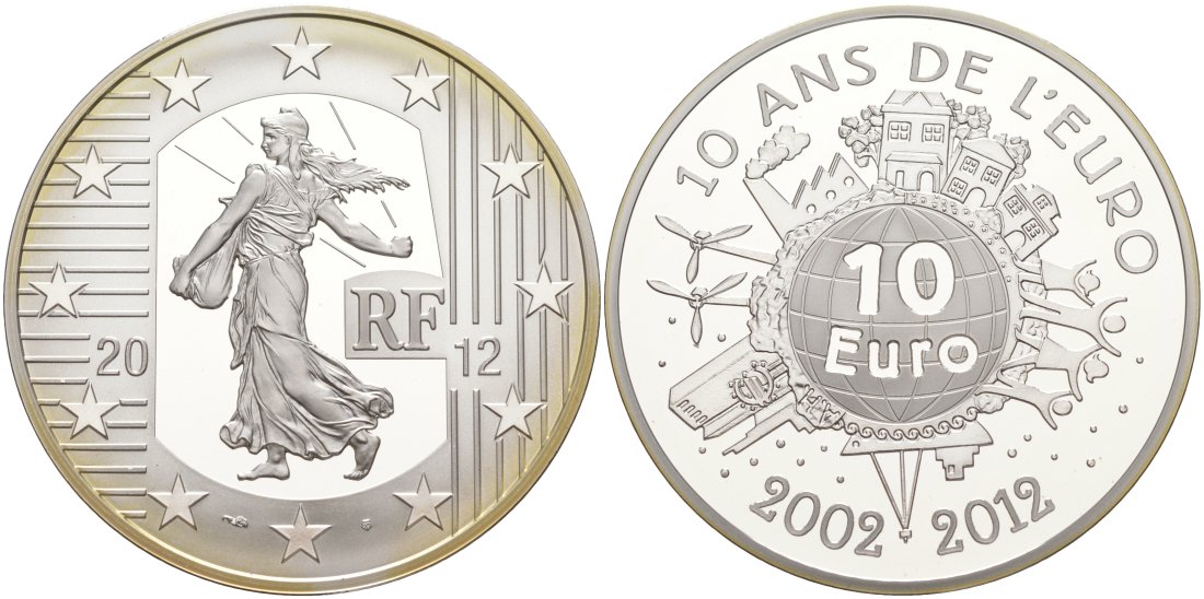 Франция 10 евро 2012 10 лет введения наличного евро KM 1889 серебро PROOF 11-151-25