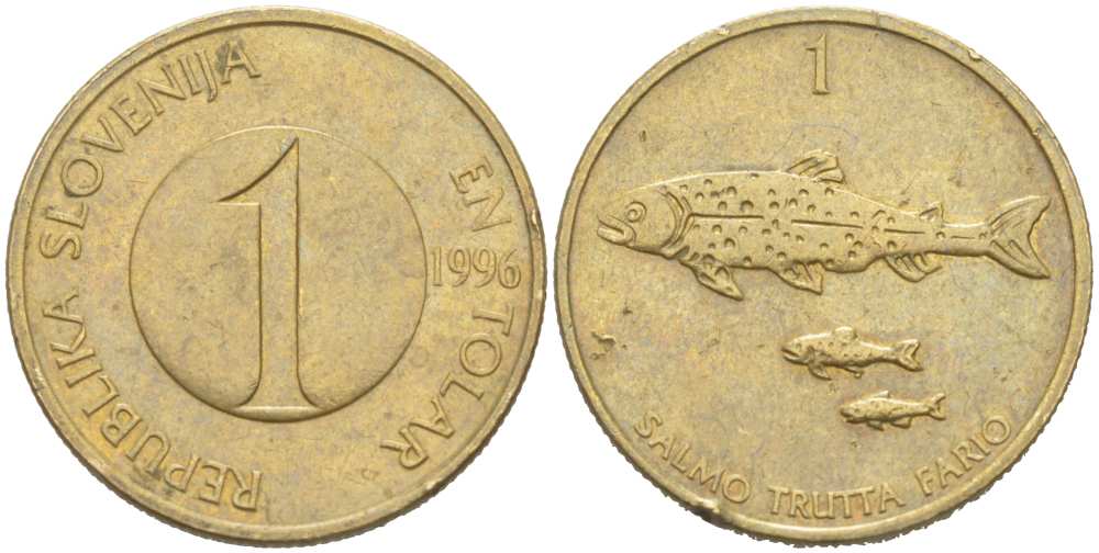 Словения 1 толар 1996 рыбы KM 4 никель латунь 217-456