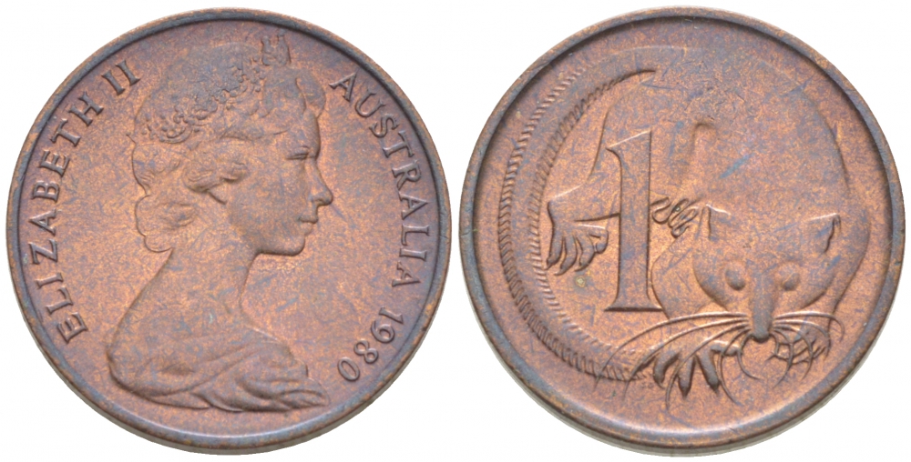 АВСТРАЛИЯ 1 ЦЕНТ 1980 ЕЛИЗАВЕТА II, МОЛОДОЙ ПОРТРЕТ, ОПОССУМ КМ 62 бронза 3955-459