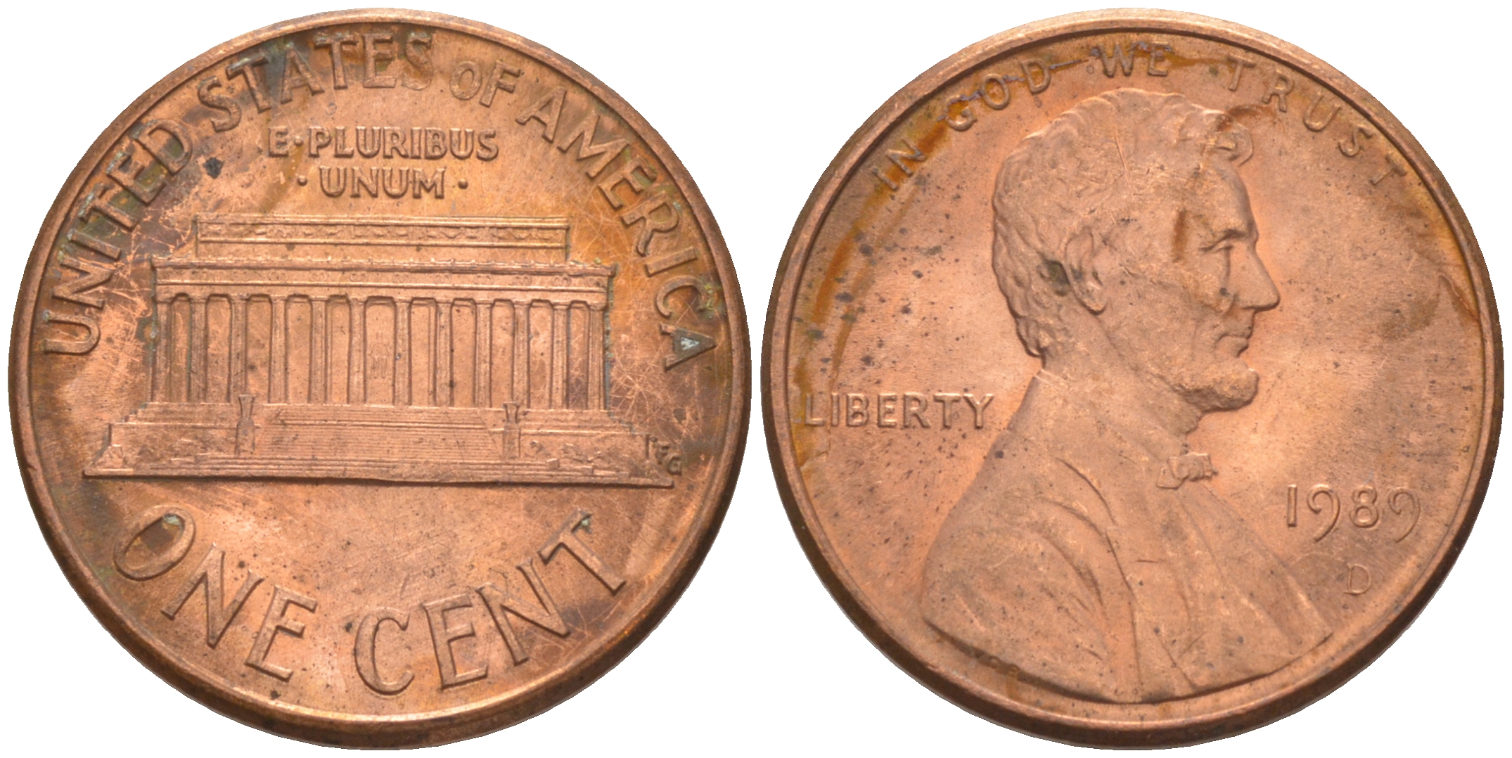 США 1 цент 1989 D, Линкольн KM 201b цинк плакированный медью 63-363