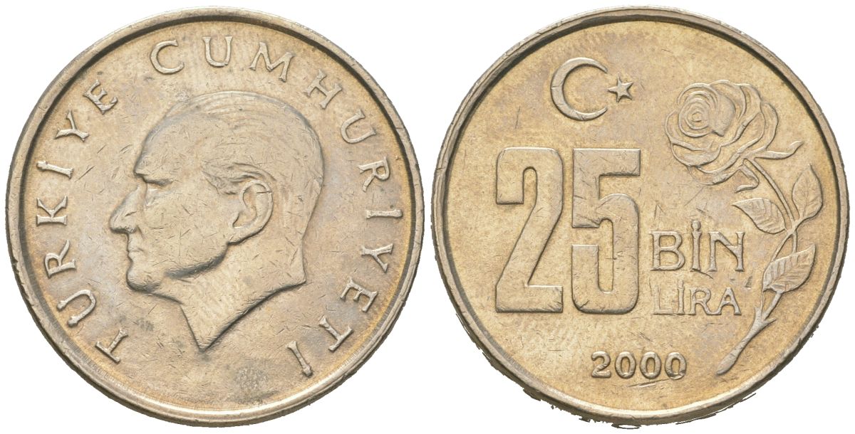 Турция 25000 лир 2000 Мустафа Кемаль Ататюрк KM 1041 медь цинк никель 4582-336