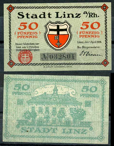 Германия, Линц-на-Рейне 50 пфеннигов 1919 нотгельд, 1.10.1923 Tieste 4140/65 бумага UNC (пресс) 8614-42-3-1