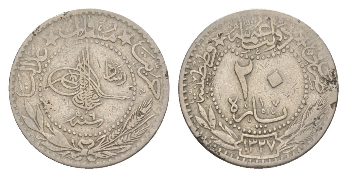 Турция 20 пара 1909 (1914) AH 1327, Османская Империя KM 761 никель 29-1122