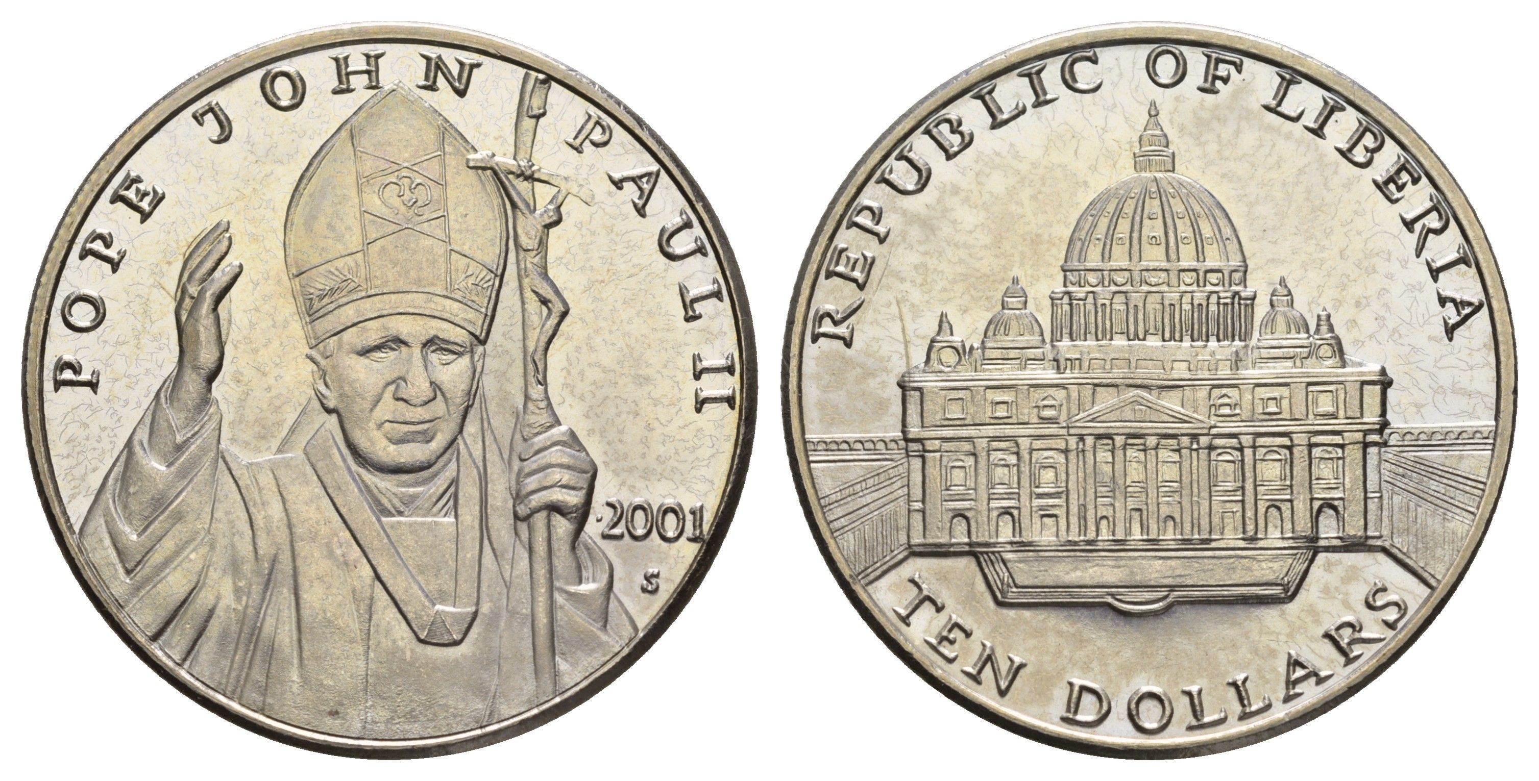 Либерия 10 долларов 2001 Иоанн Павел II KM 643a медно-никель PROOF 443-244