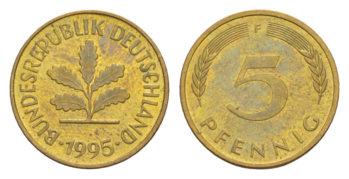 Германия 5 пфеннигов 1995 F KM 107, J. 382 сталь плакированная латунью UNC 4630-1255