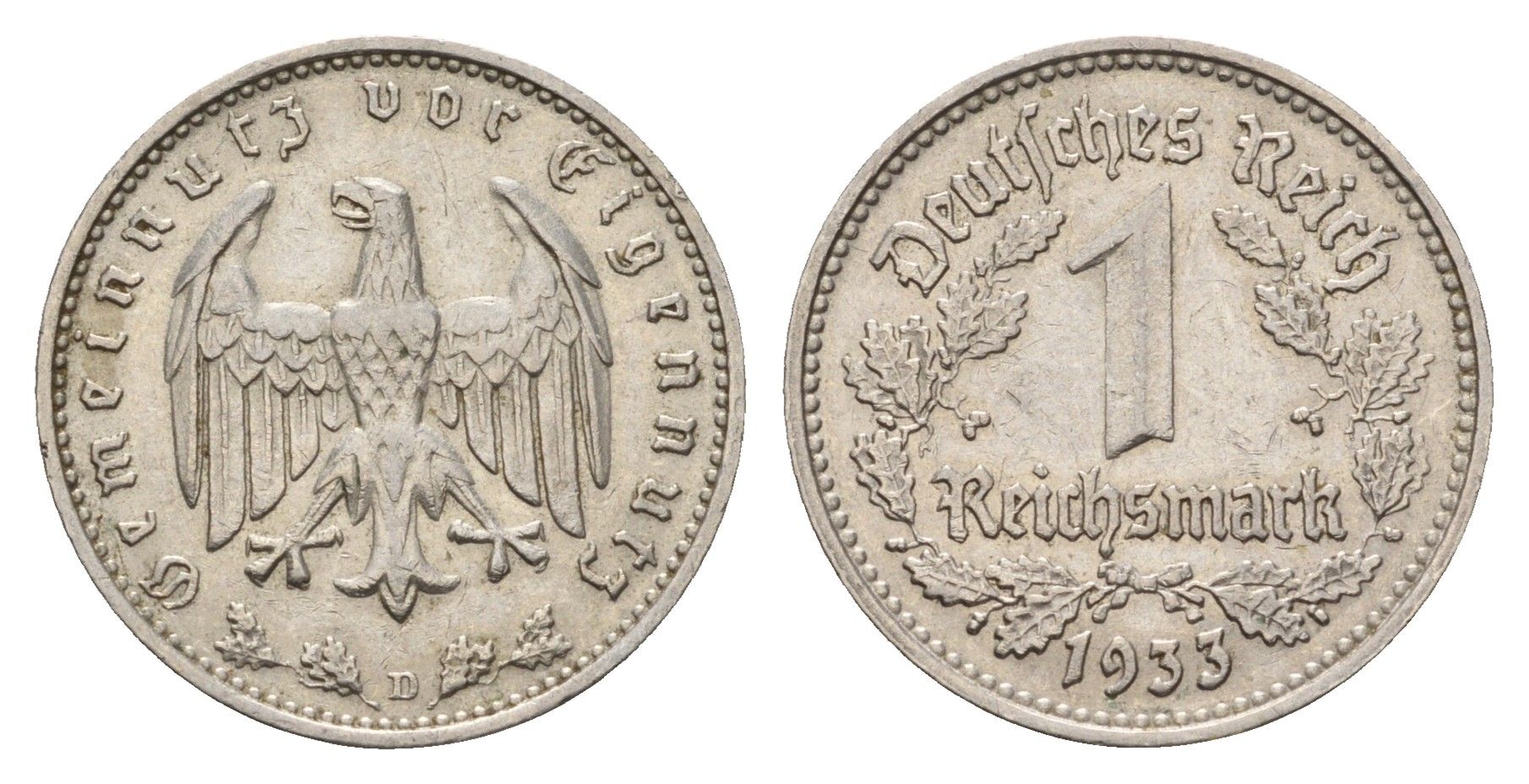 Германия 1 рейхсмарка 1933 D KM 78, J. 354 никель 633-521