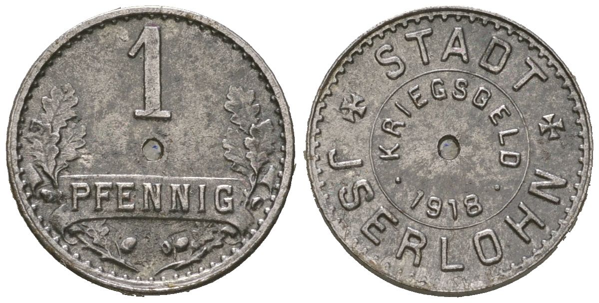 Изерлон (Пруссия, Вестфалия) 1 пфеннингов 1918 очень редкая разновидность Funck 228.6B, Men18 15462.10, Men18 15462.11 железо 1515-414