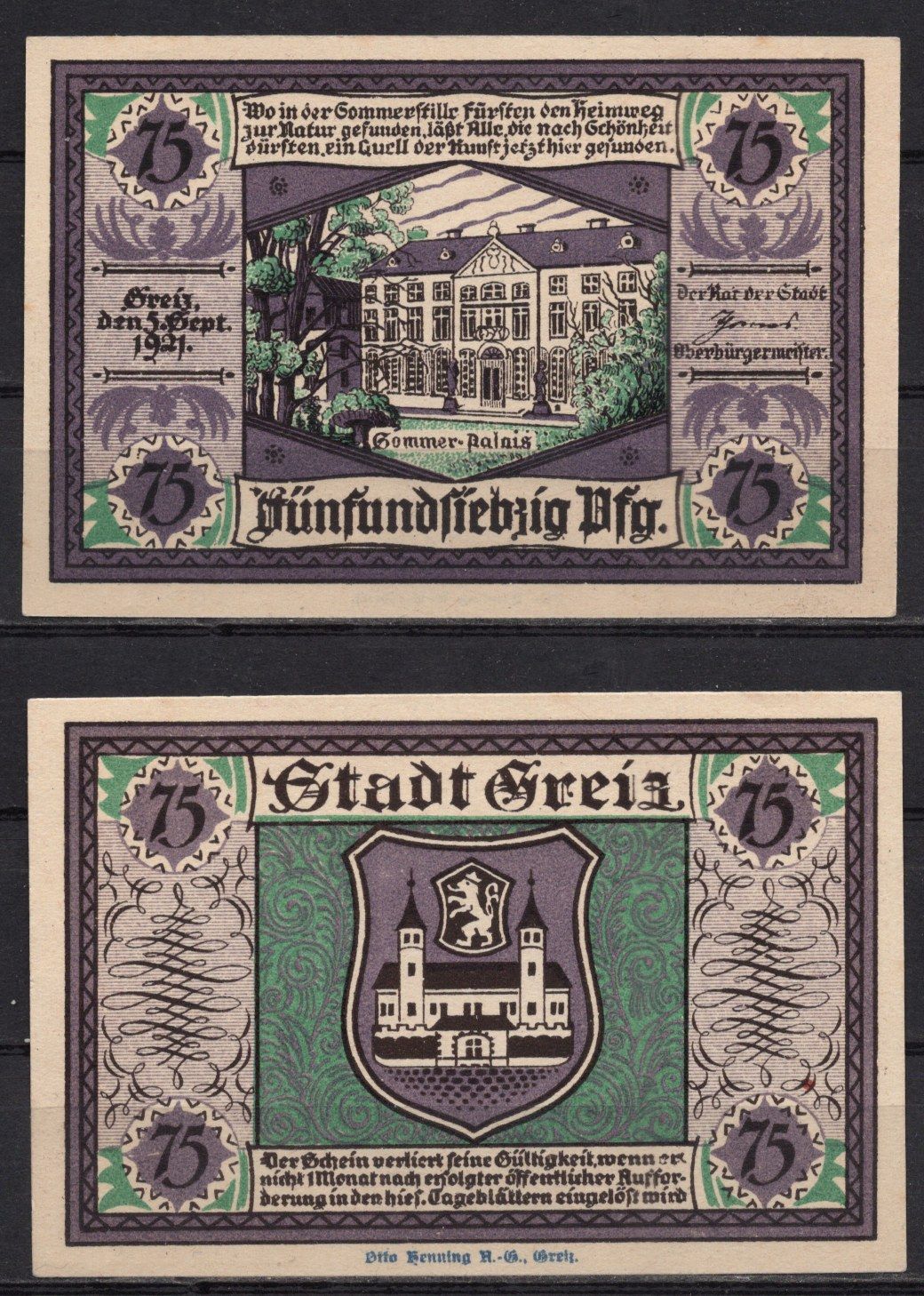 Германия, Грайц 75 пфеннигов 1921 GrM:471.2-3/4 бумага UNC (пресс) 7555-42-4-1