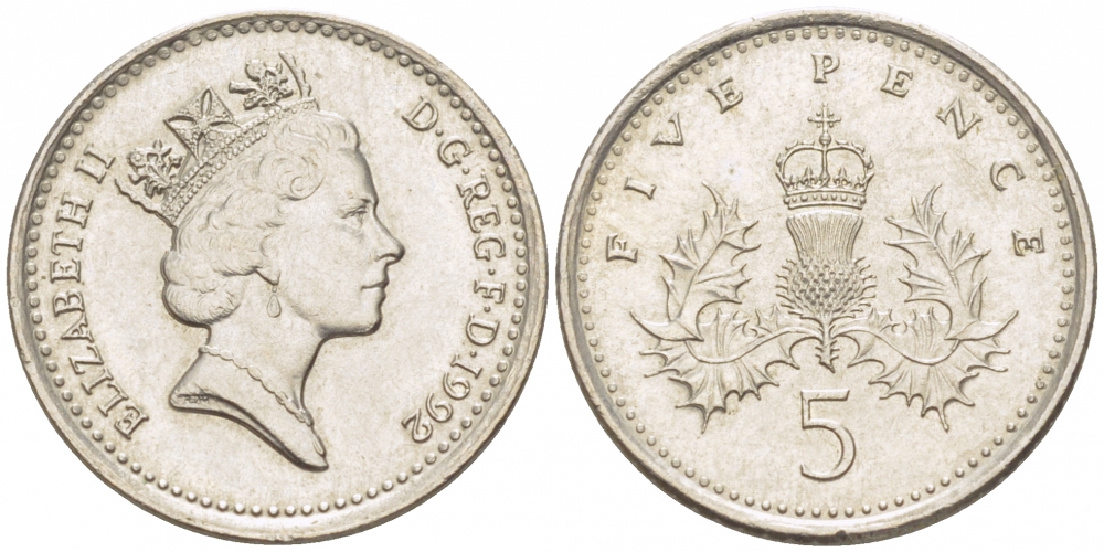 Великобритания 5 пенсов 1992 Елизавета II (1952-2022) KM 937b, Spink 4372 (D4) медно-никель 3955-544